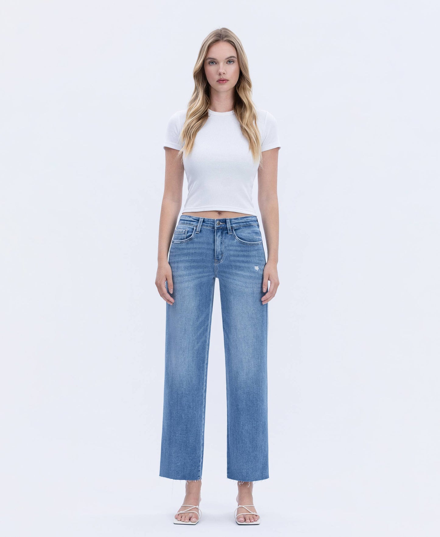 High Rise Raw Hem Slim Wide Jeans