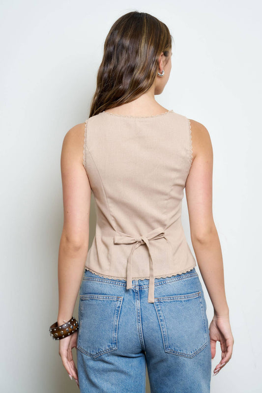 Light Mocha Scallop Lace Button-Down Vest Top