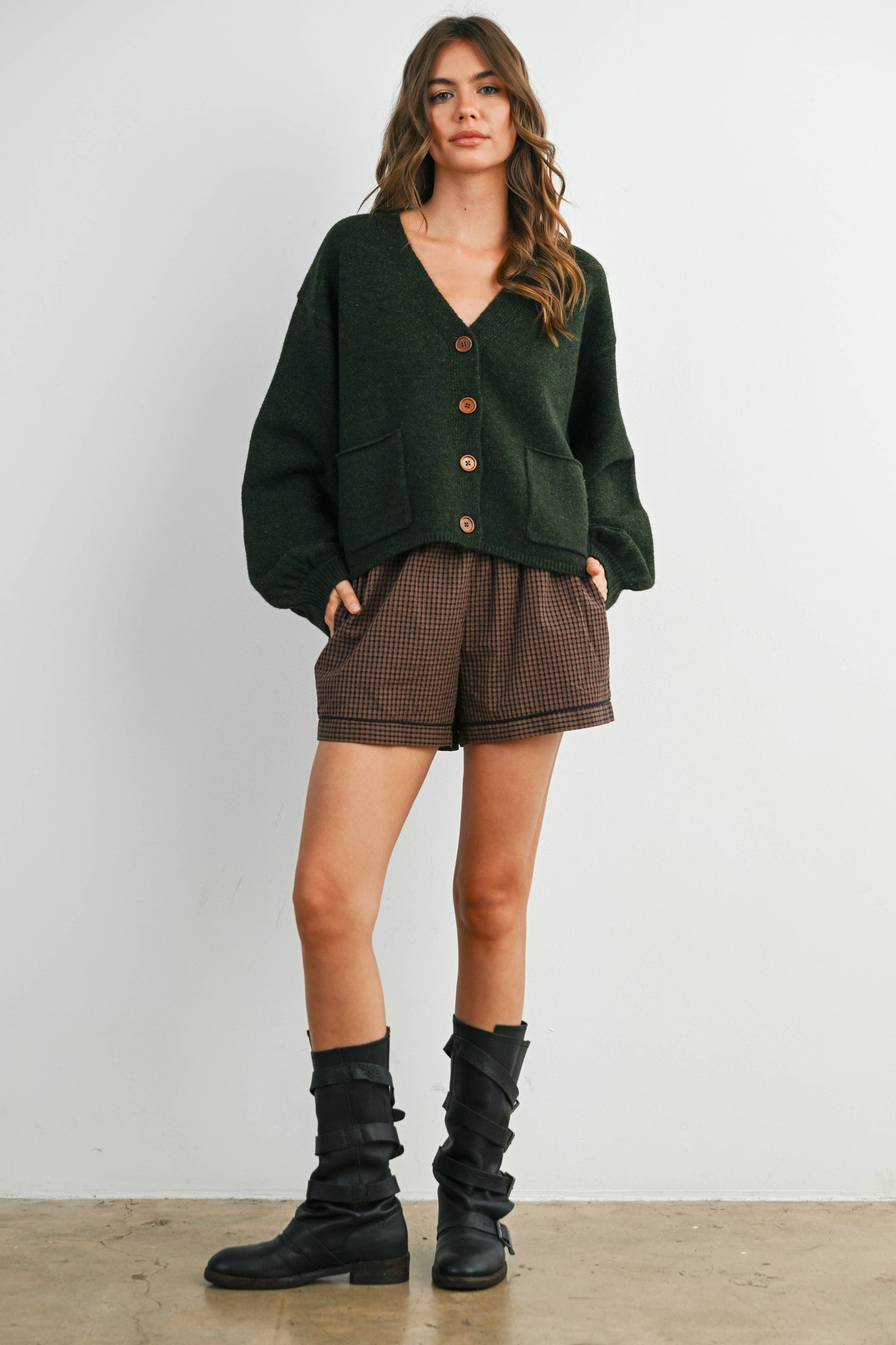 V-Neck Cuff Button-Up Long Sleeve Top