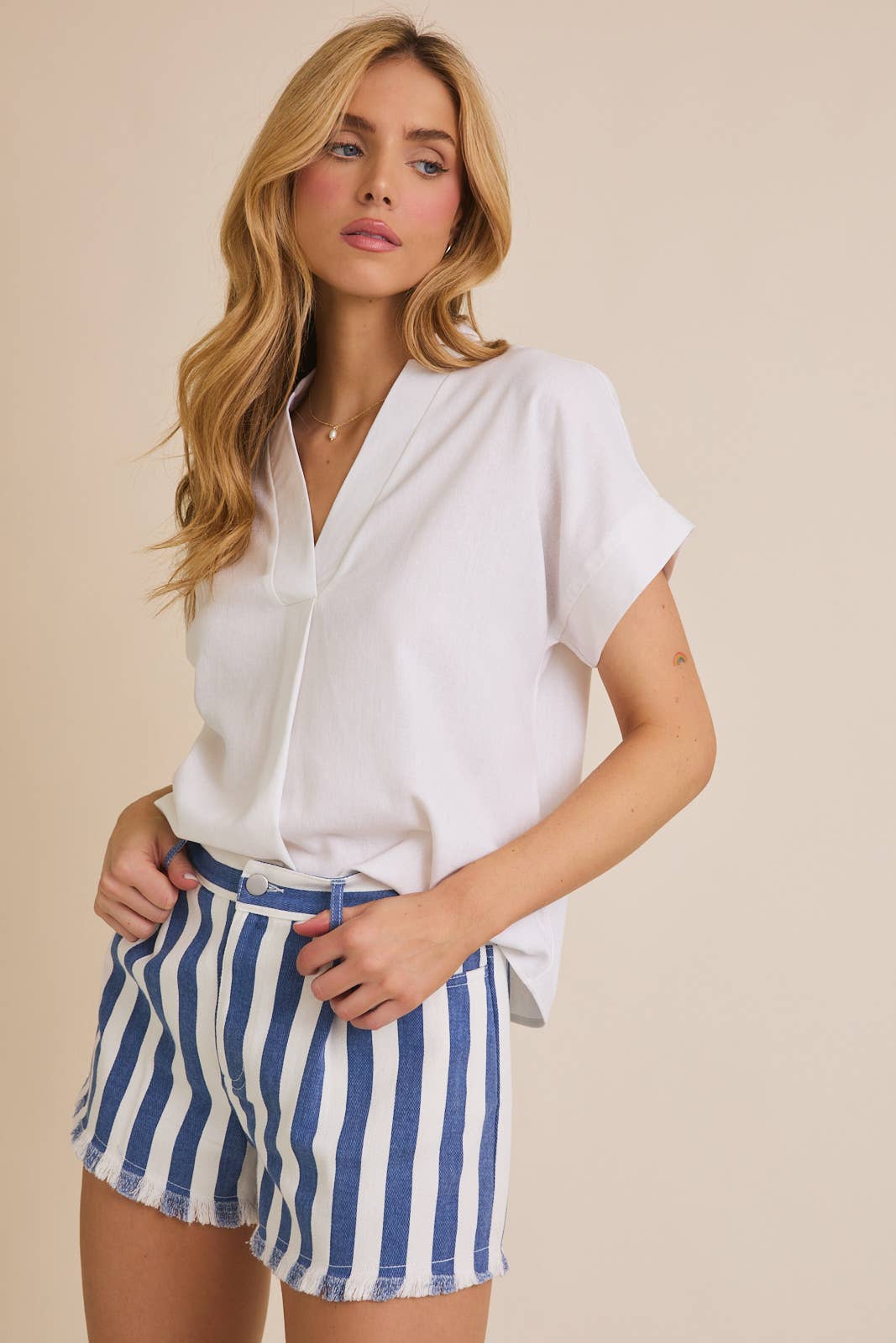 V-Neck Short Sleeve Flare Hem Top