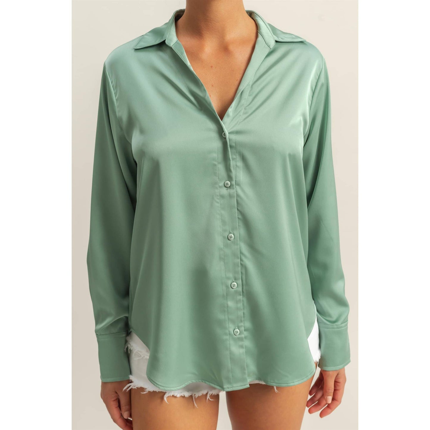 Button-Up Collared Satin Blouse