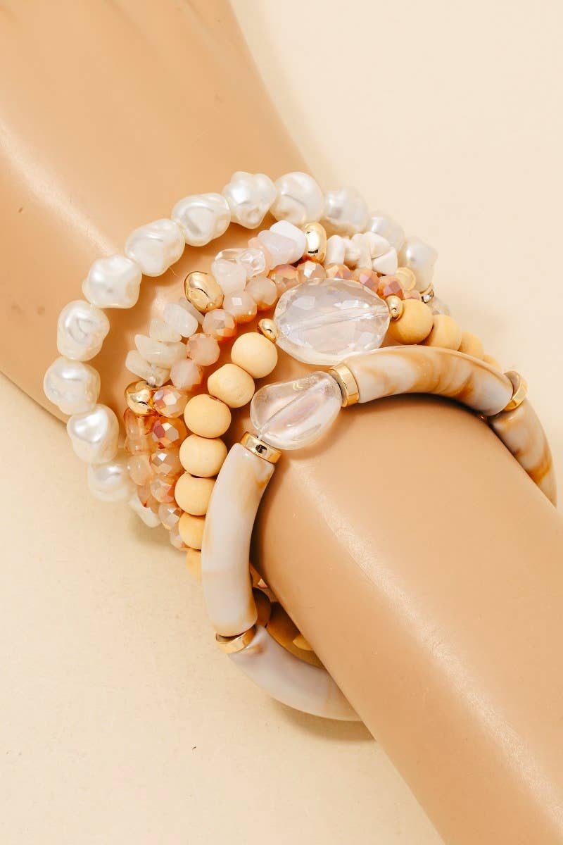 Pearl Stone And Wood Beaded Bracelet Set
