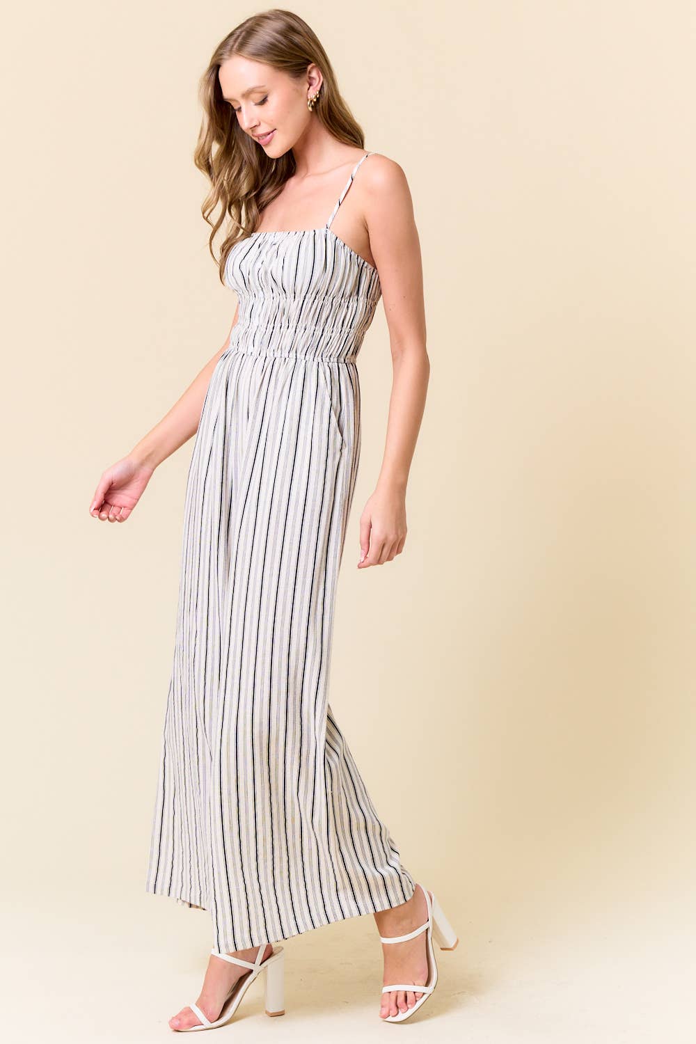 Linen Blend Stripe Wide Leg Jumpsuit W/ Pockets
