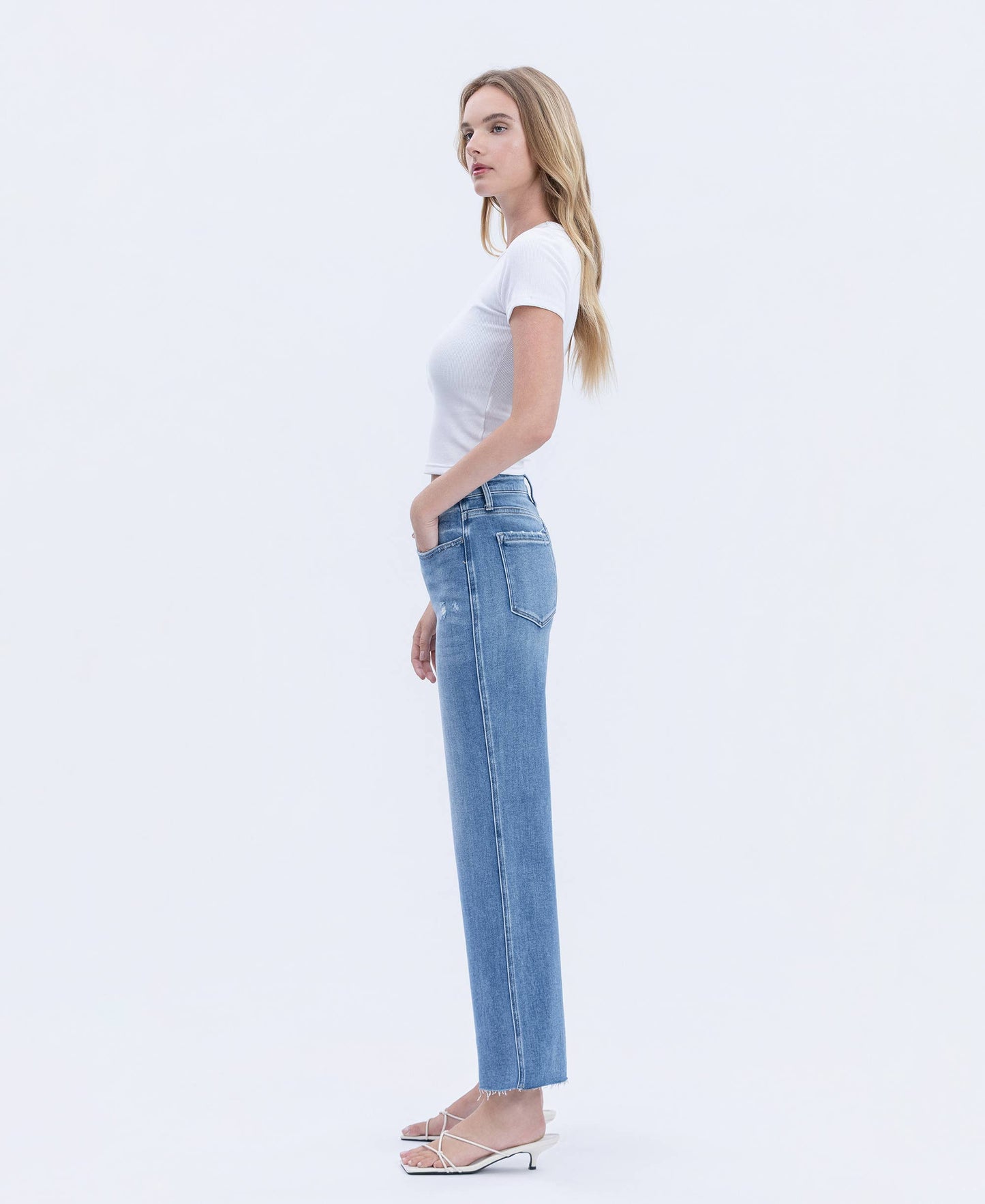 High Rise Raw Hem Slim Wide Jeans
