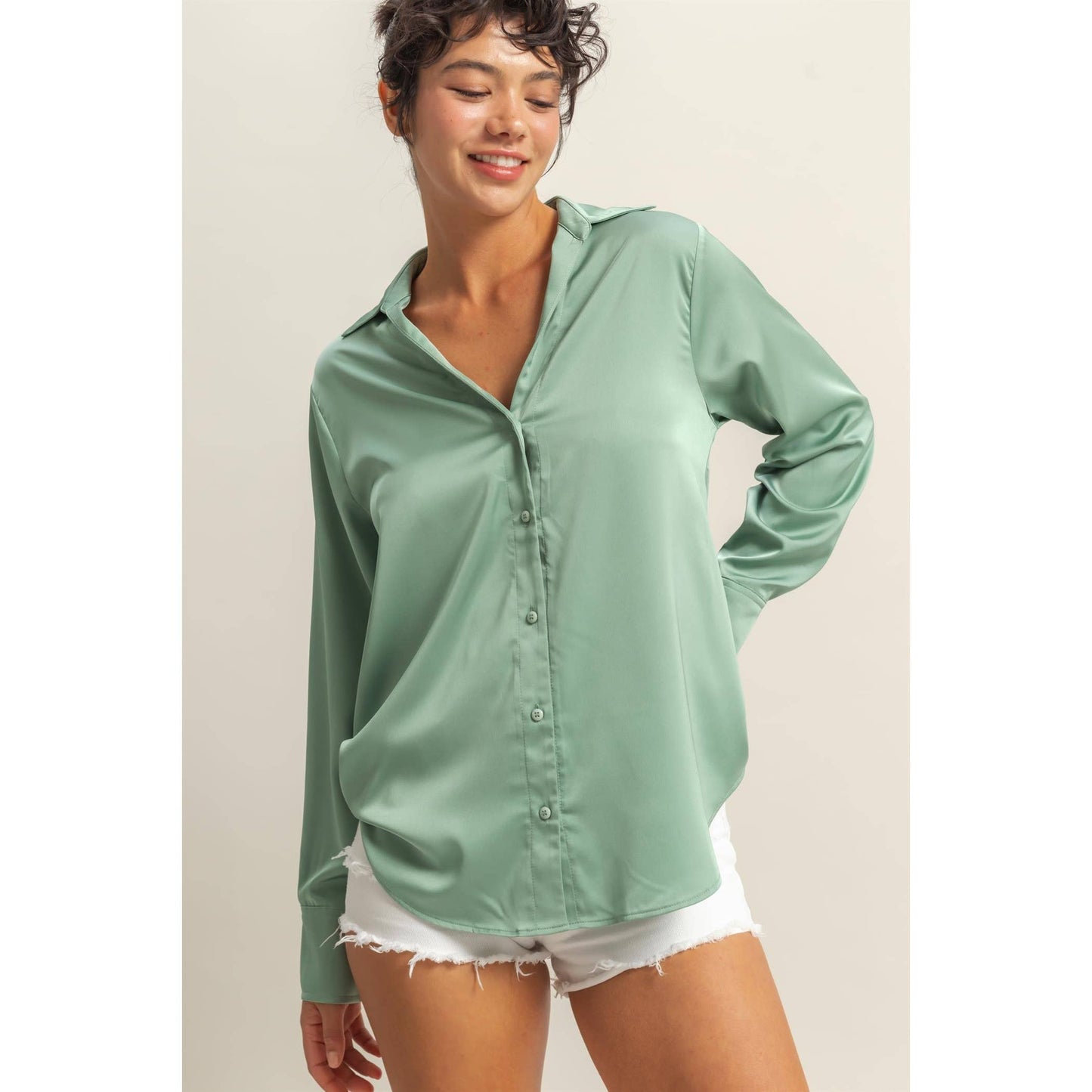 Button-Up Collared Satin Blouse