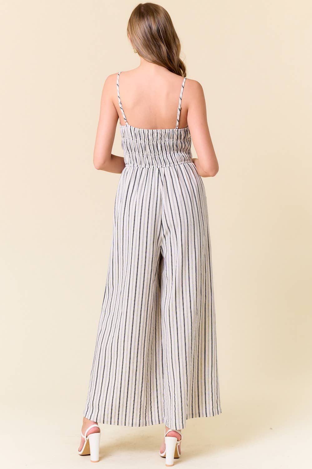 Linen Blend Stripe Wide Leg Jumpsuit W/ Pockets