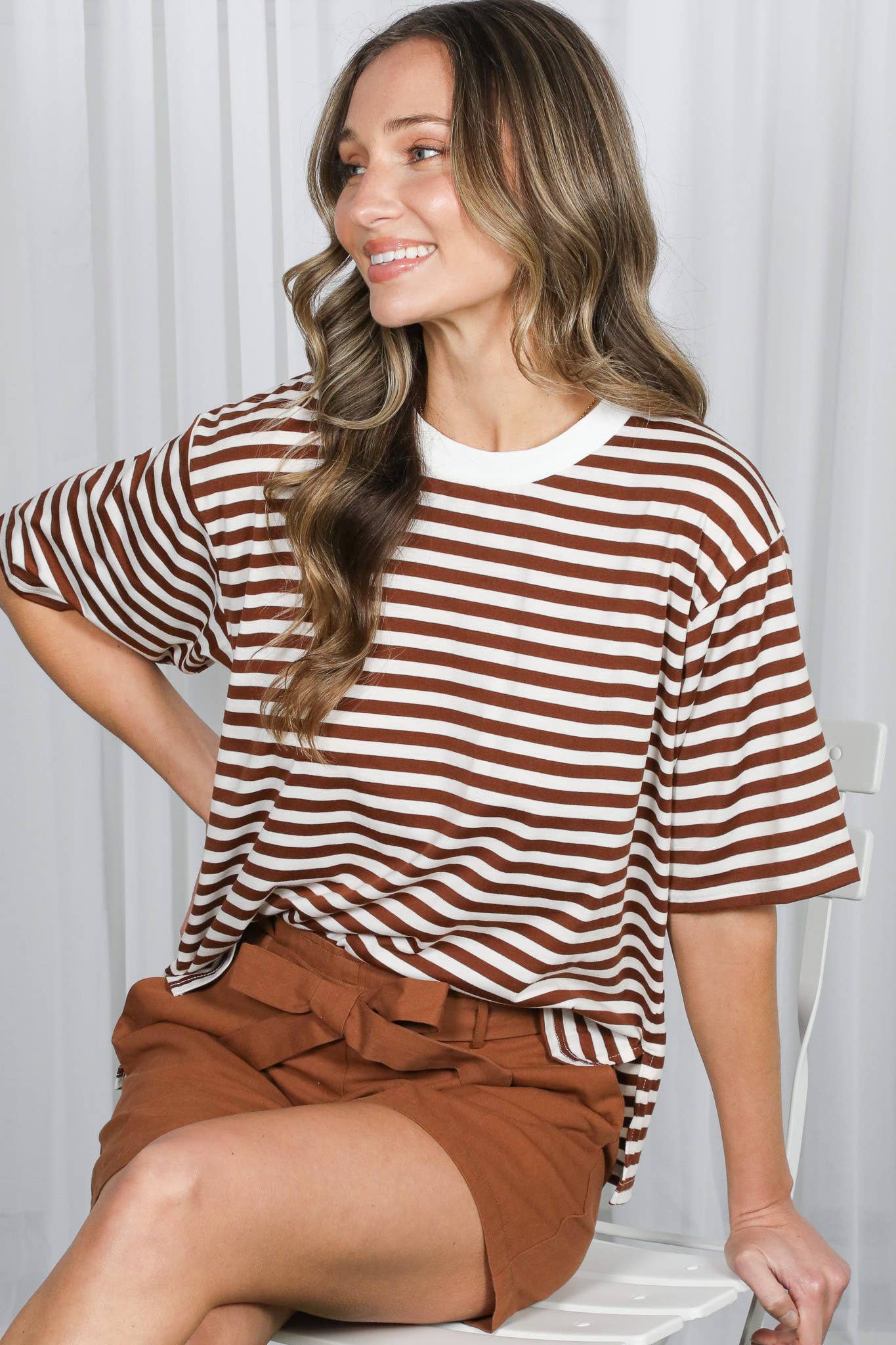 Crew Neck Short Sleeve Striped Knit T-Shirt Top