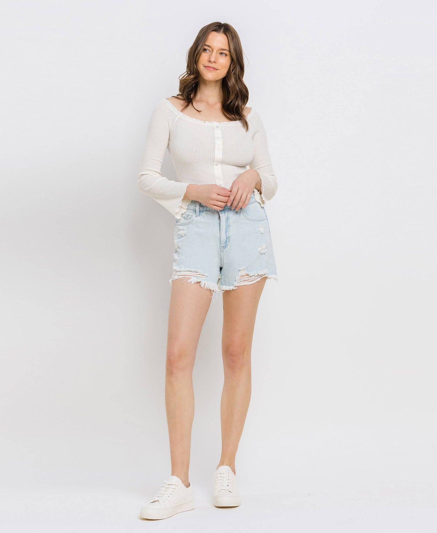 Super High Rise Distressed Mom Shorts