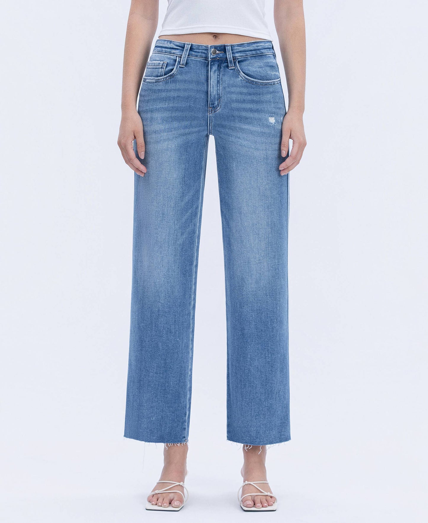 High Rise Raw Hem Slim Wide Jeans