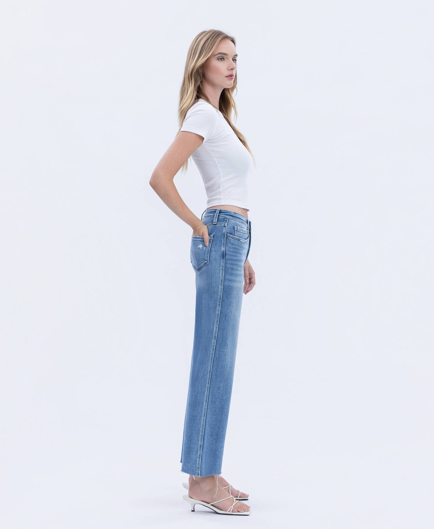 High Rise Raw Hem Slim Wide Jeans