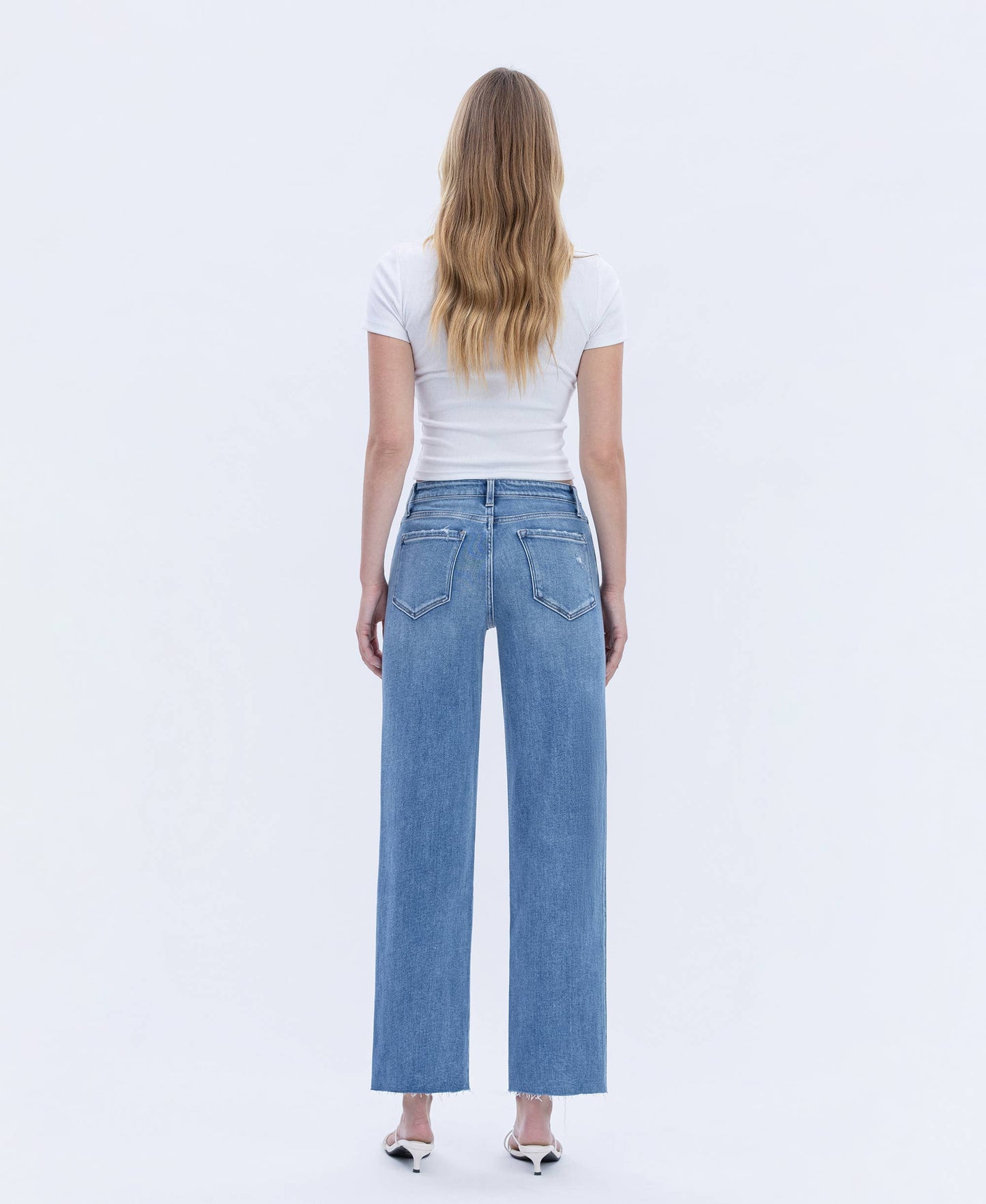 High Rise Raw Hem Slim Wide Jeans