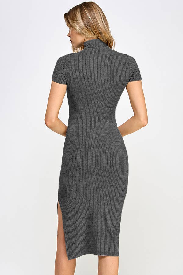 Mock Neck Short Sleeve Ribbed Dress