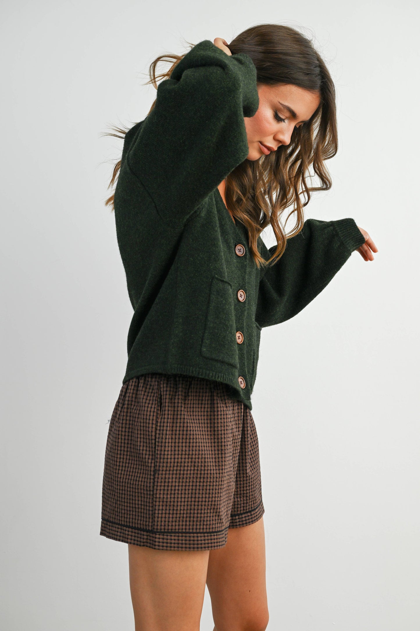 V-Neck Cuff Button-Up Long Sleeve Top