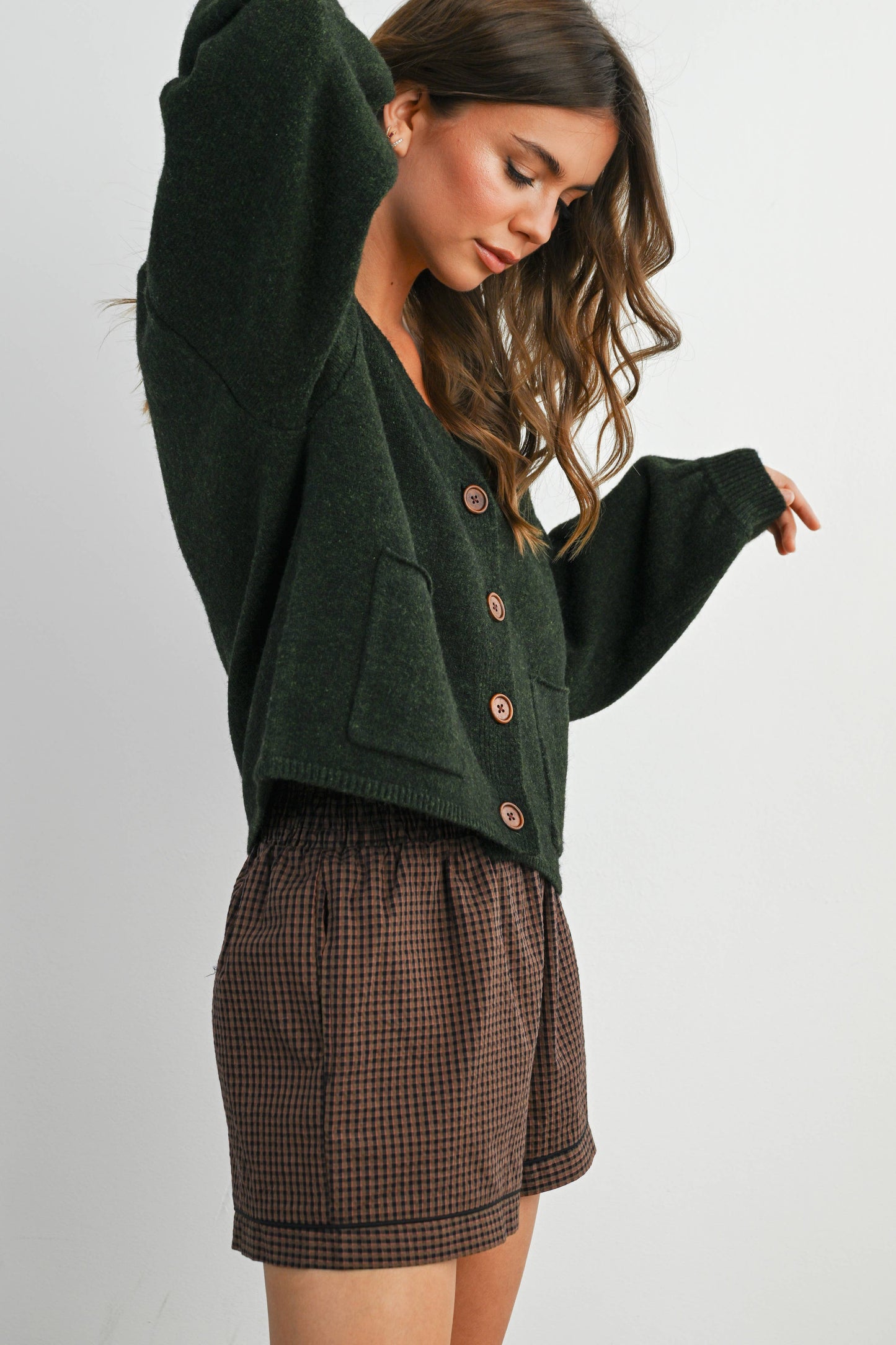 V-Neck Cuff Button-Up Long Sleeve Top