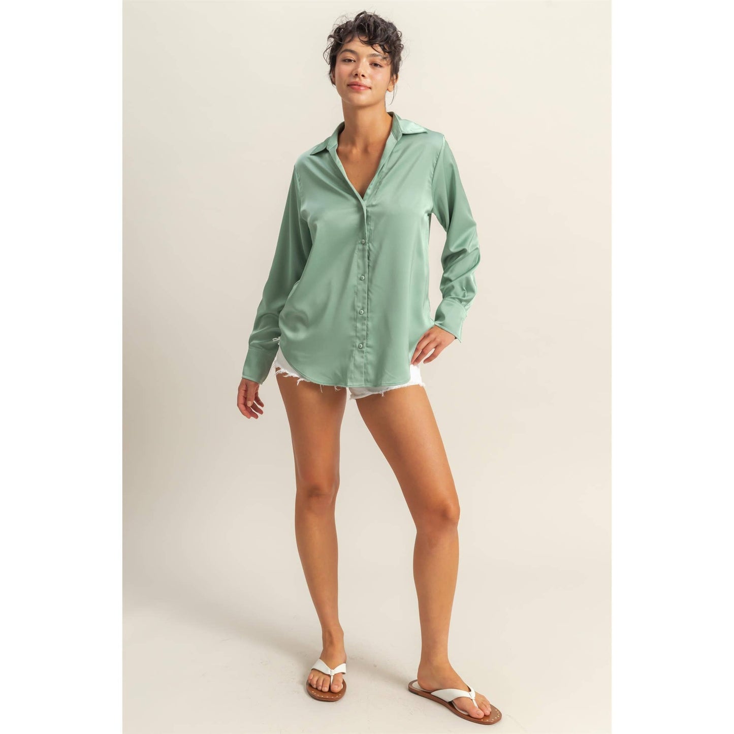 Button-Up Collared Satin Blouse