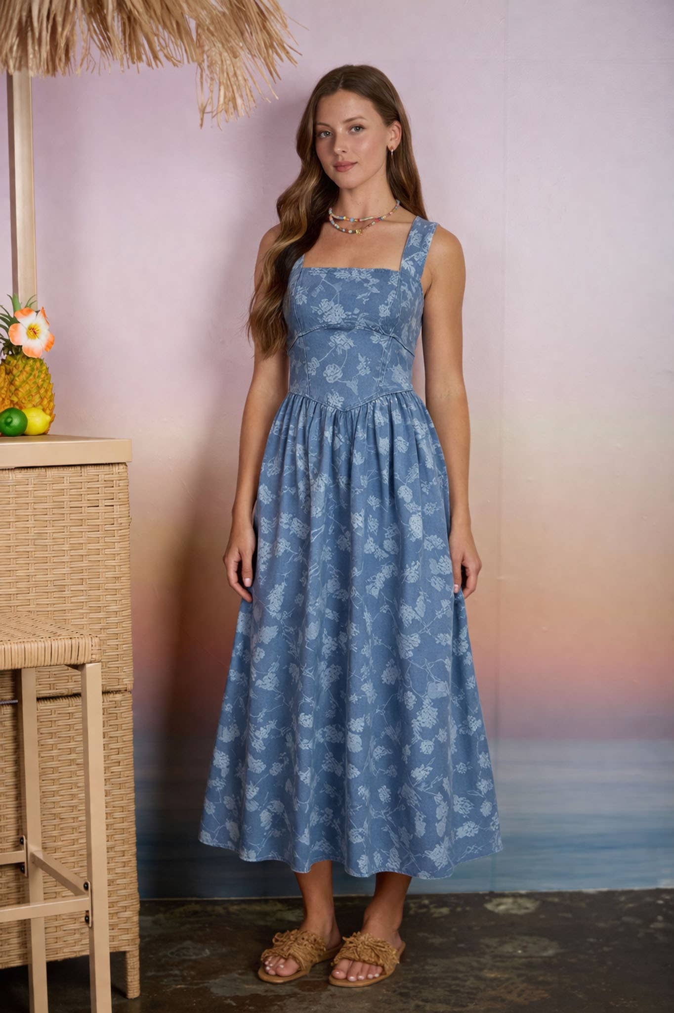 Floral Jacquard Denim Midi Dress