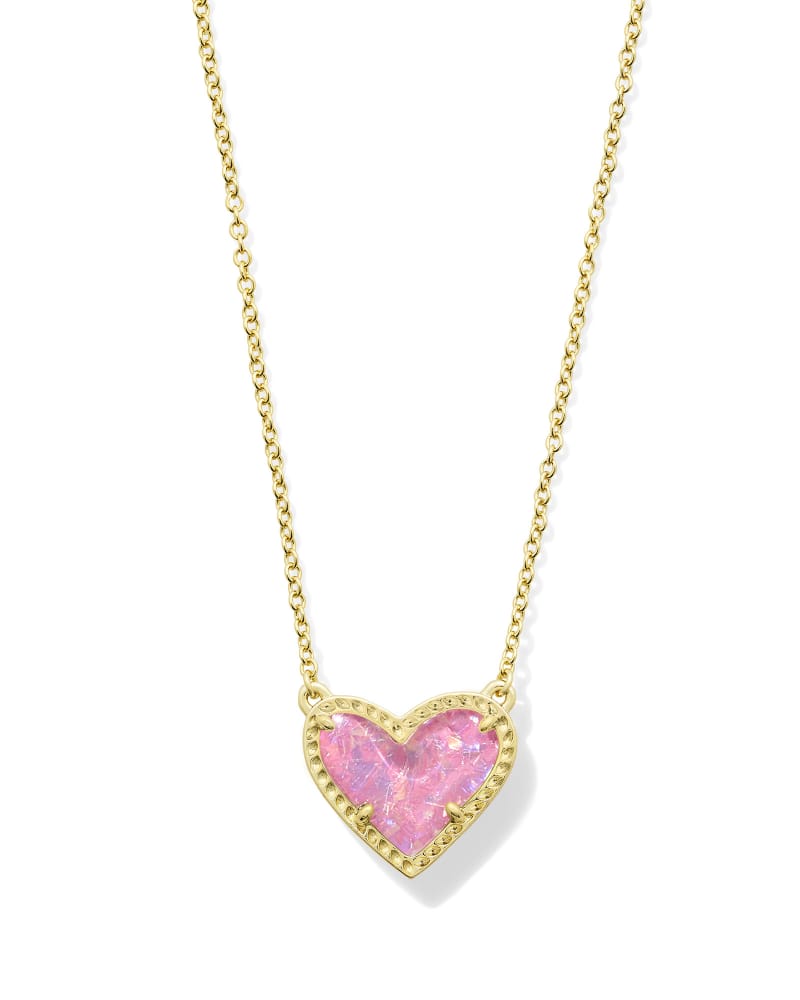 Ari Heart Pendant Necklace in Gold Pink Iridescent Glitter Glass