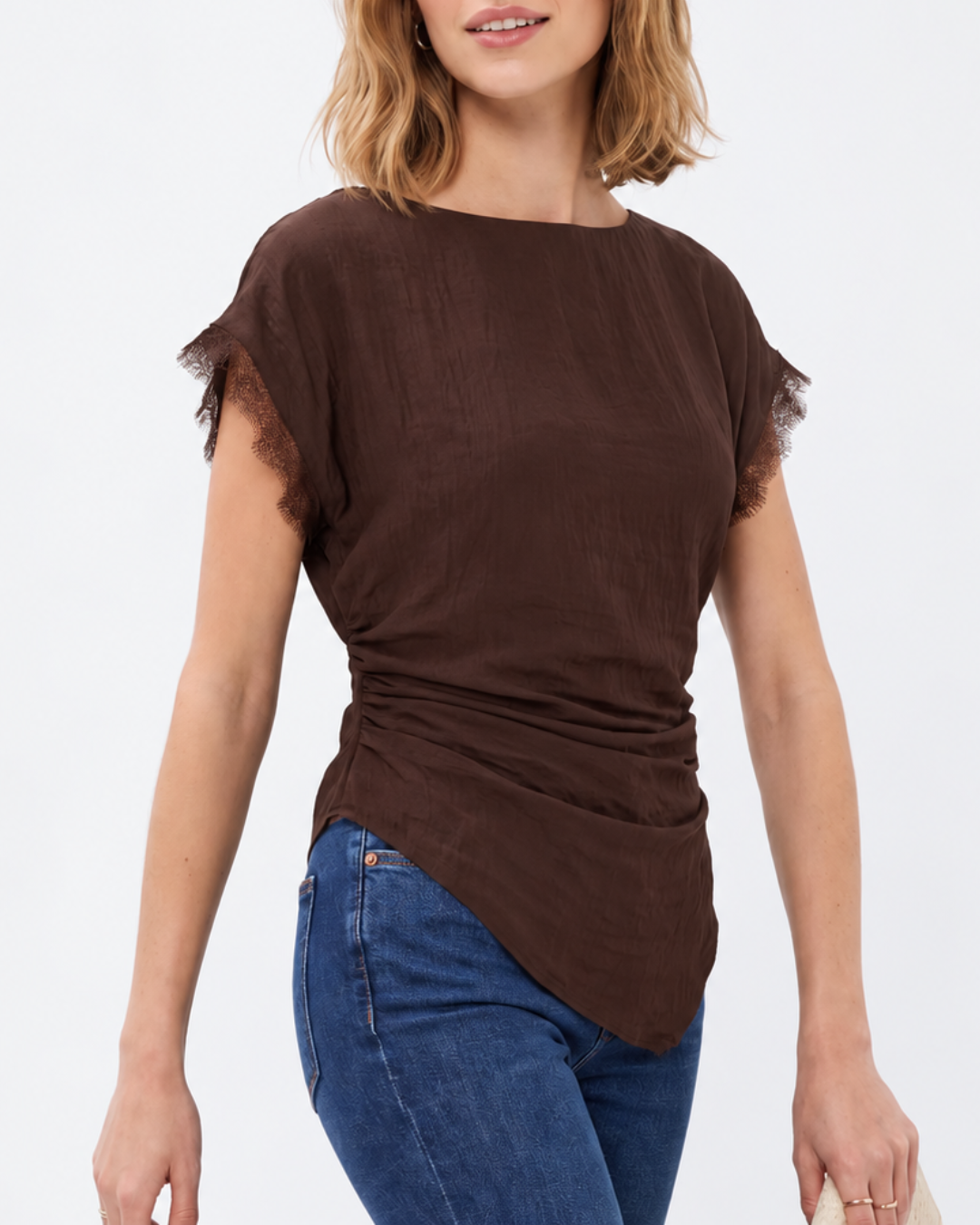 Lace Trim Draped Waist Blouse