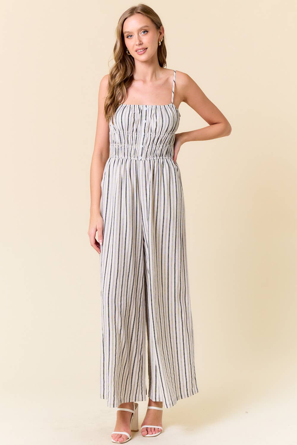 Linen Blend Stripe Wide Leg Jumpsuit W/ Pockets