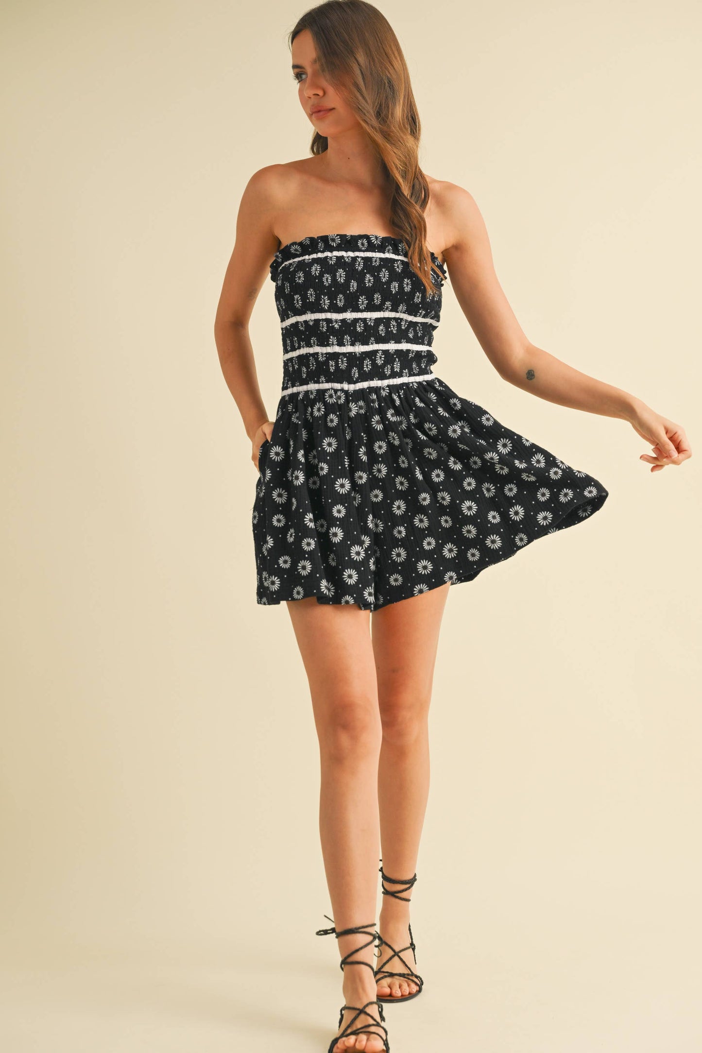 Floral Tube Ruffled Smocking Romper with Pockets