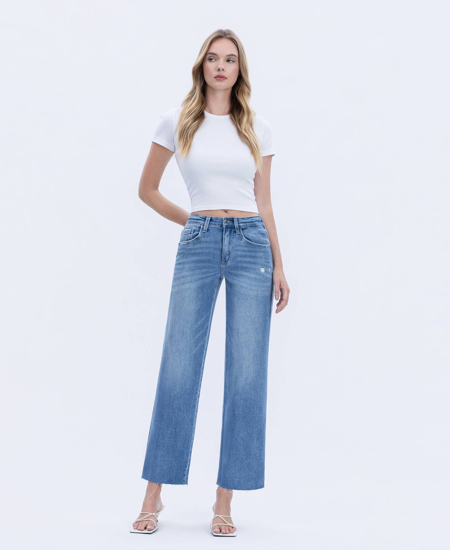 High Rise Raw Hem Slim Wide Jeans