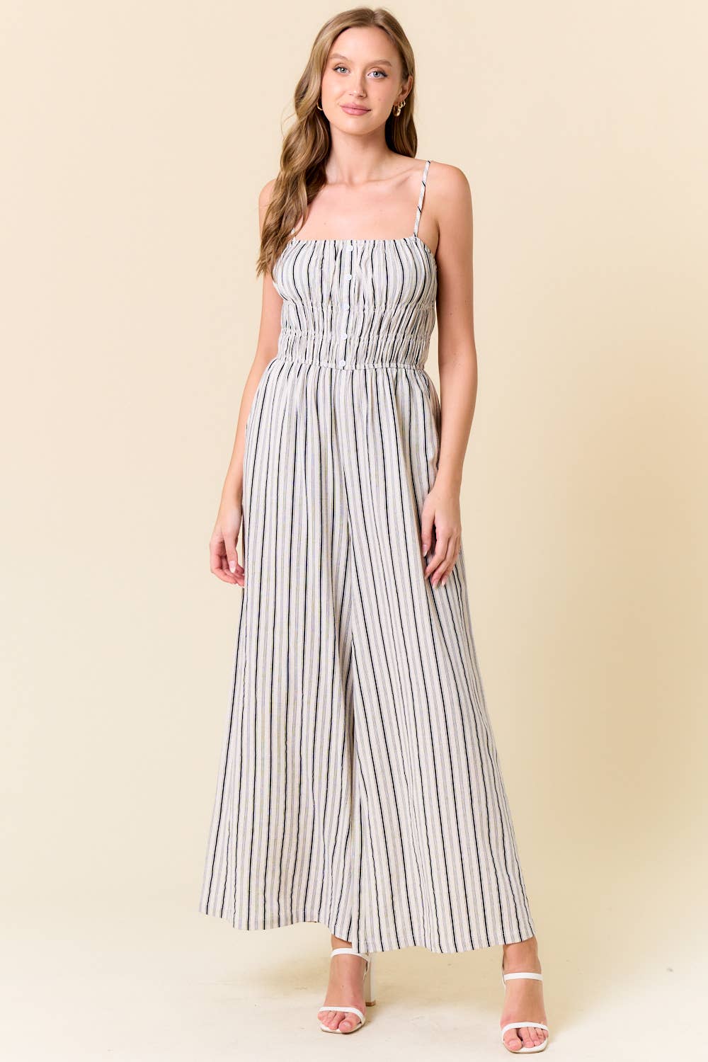Linen Blend Stripe Wide Leg Jumpsuit W/ Pockets