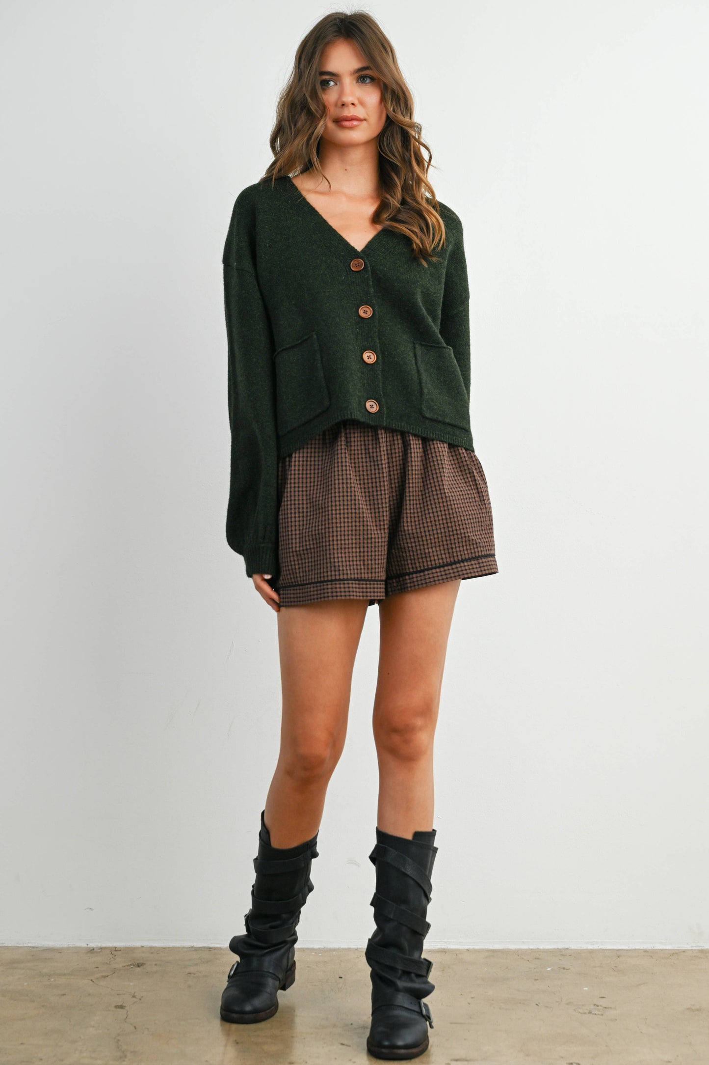 V-Neck Cuff Button-Up Long Sleeve Top