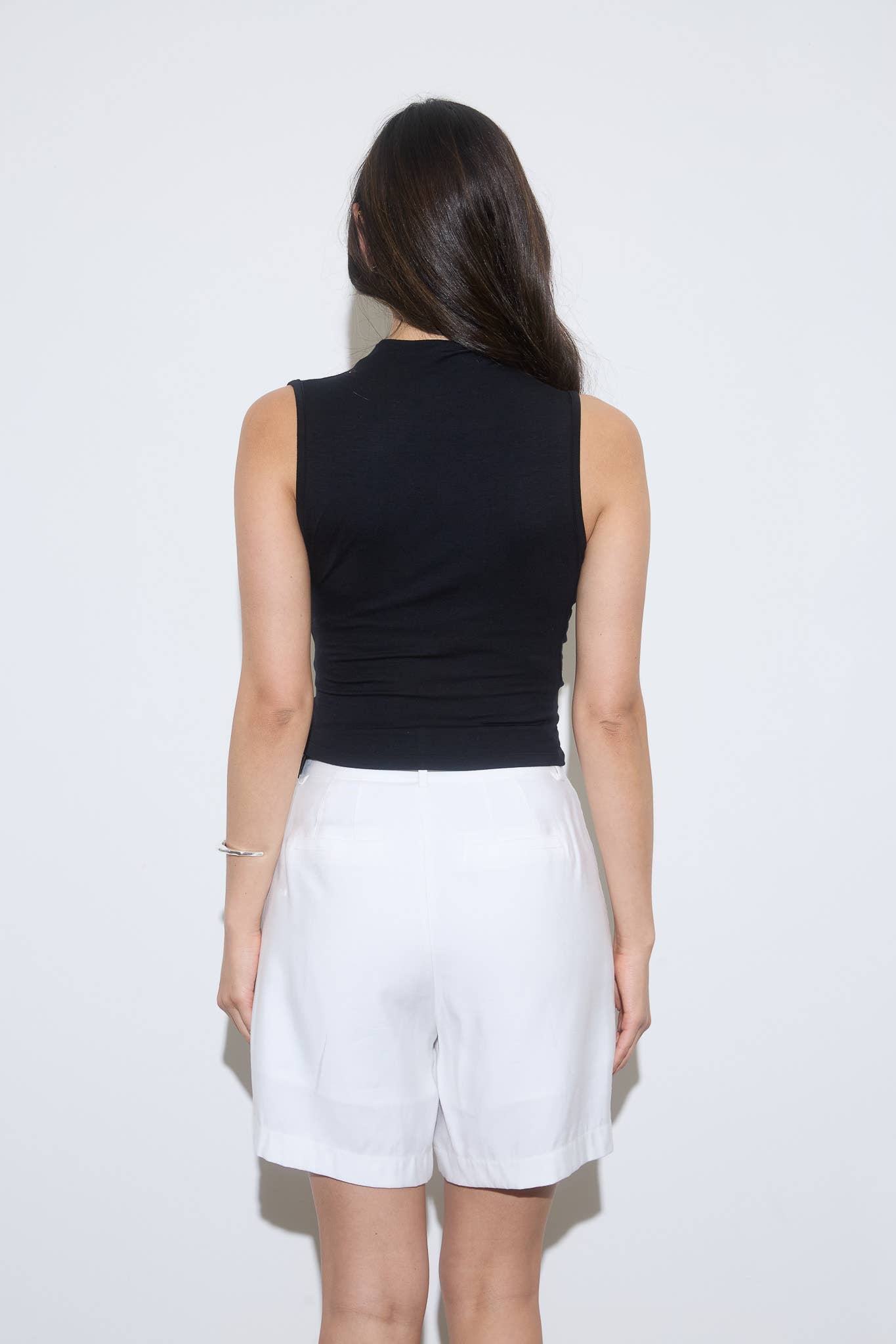 Mock Neck Sleeveless Ruched Shoulder Knit Top