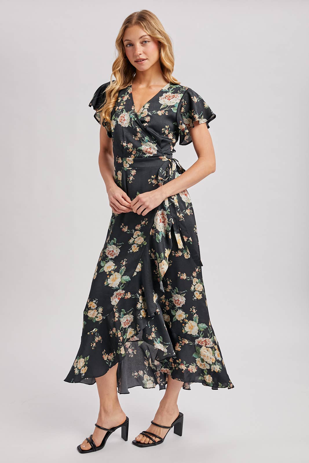 Floral Print Ruffled Wrap Maxi Dress