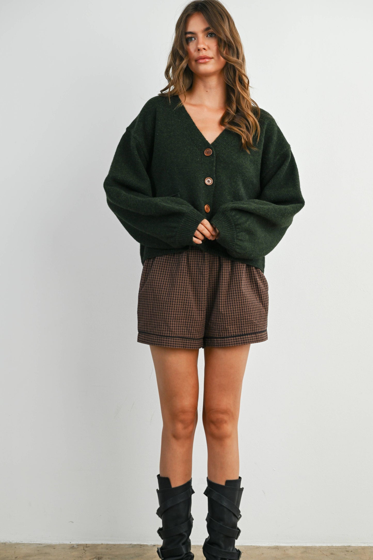 V-Neck Cuff Button-Up Long Sleeve Top