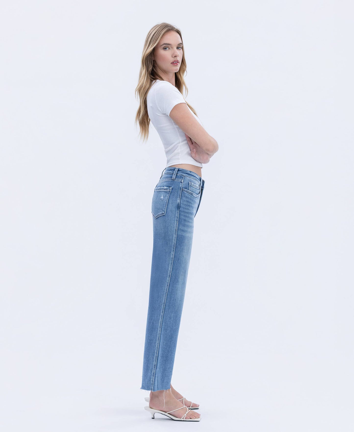 High Rise Raw Hem Slim Wide Jeans