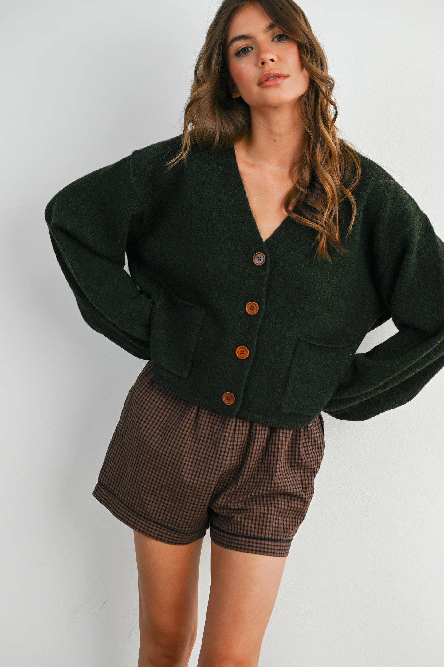 V-Neck Cuff Button-Up Long Sleeve Top