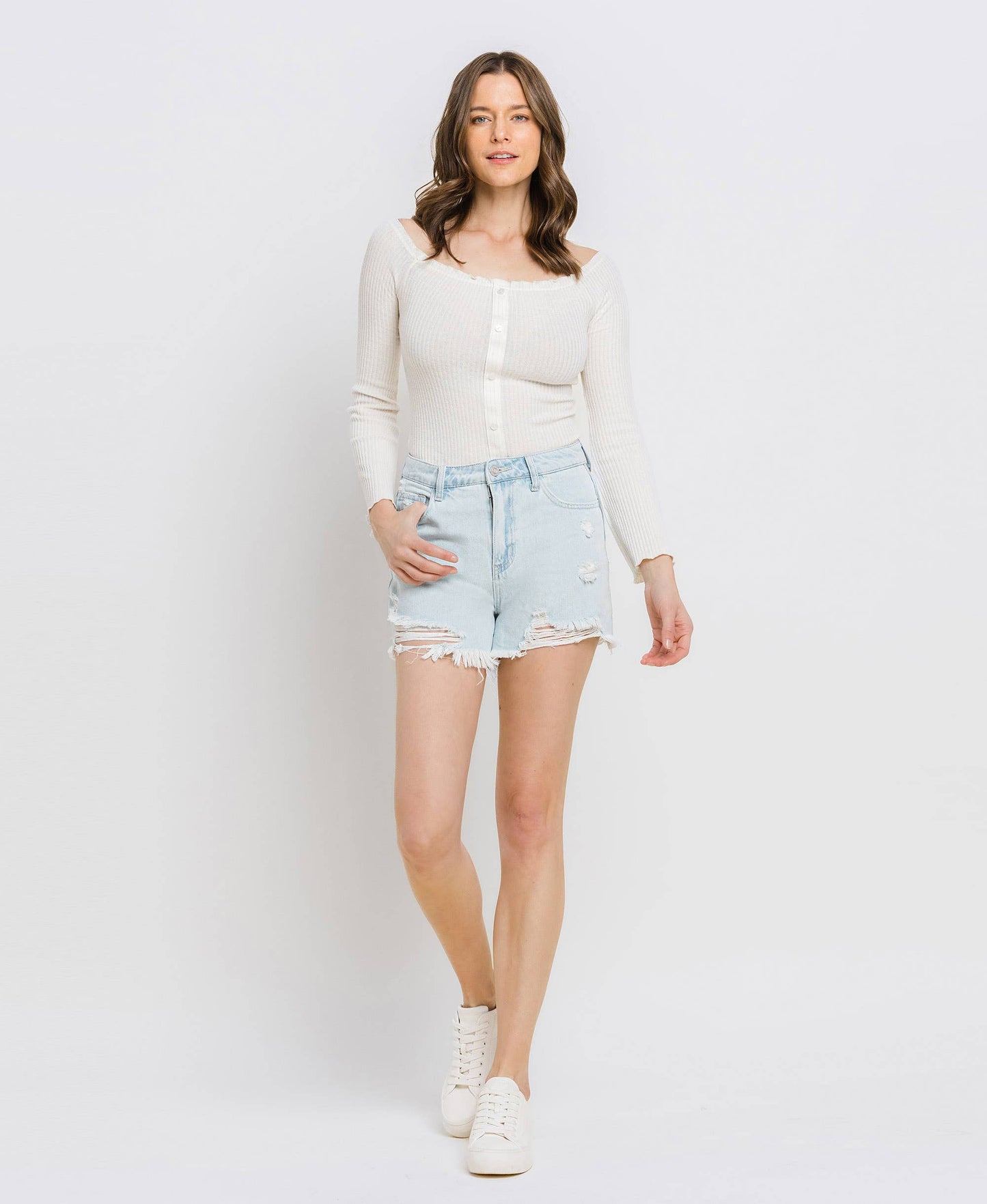 Super High Rise Distressed Mom Shorts