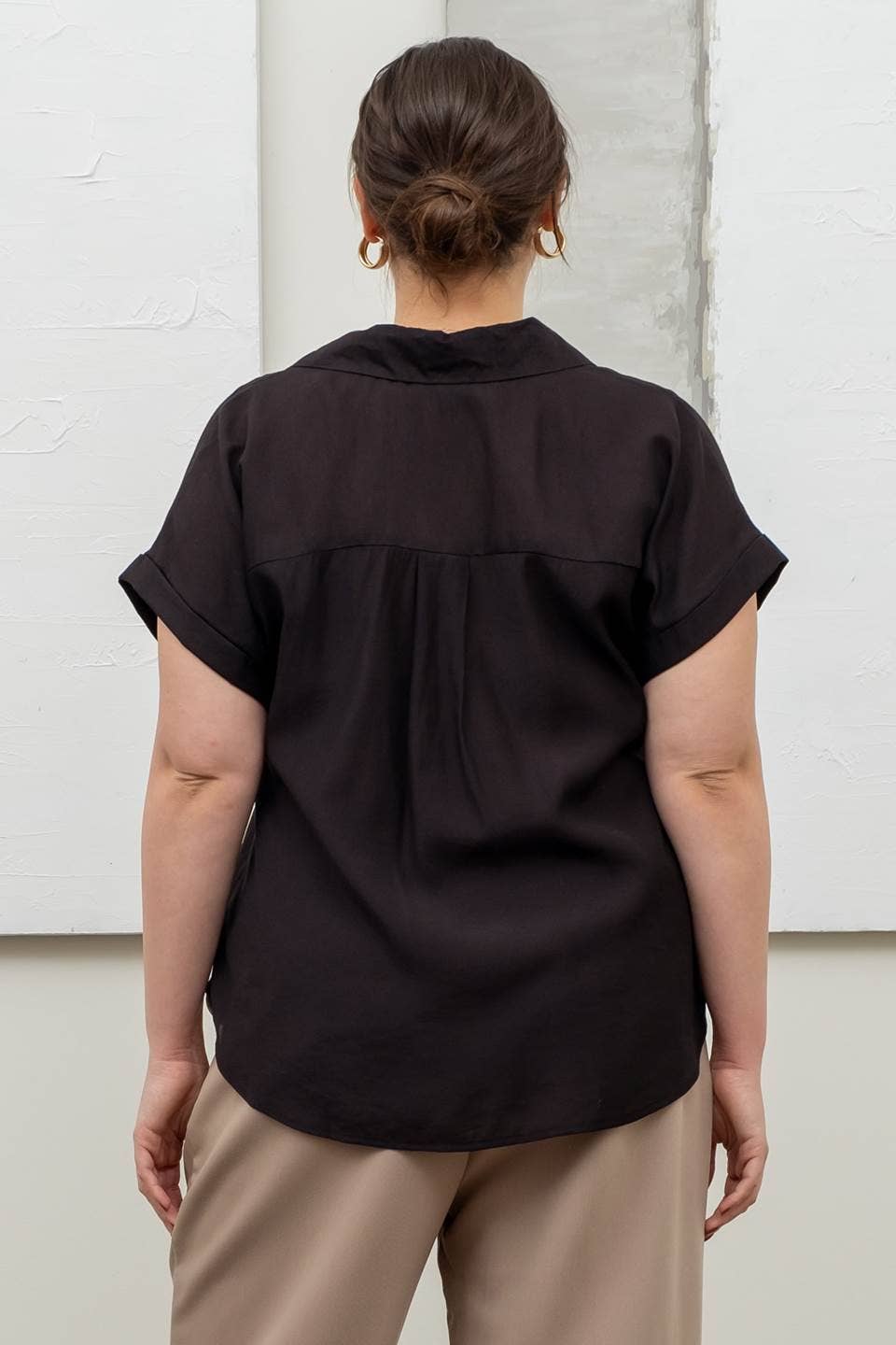 Plus Size Collared Split Neck Short Sleeve Shirt Top
