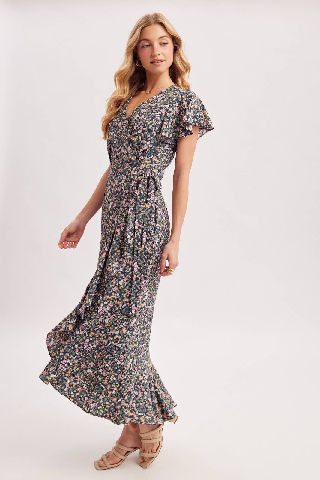 Floral Print Ruffled Hem Wrap Maxi Dress