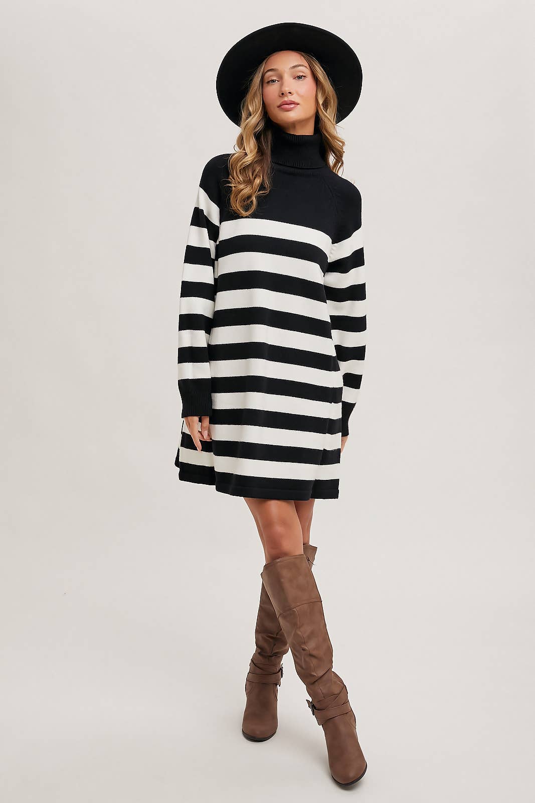 Striped Turtle Neck Knit Sweater Dress