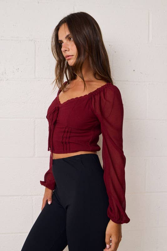 Romantic Sheer Sleeve Top With Sweetheart Neckline