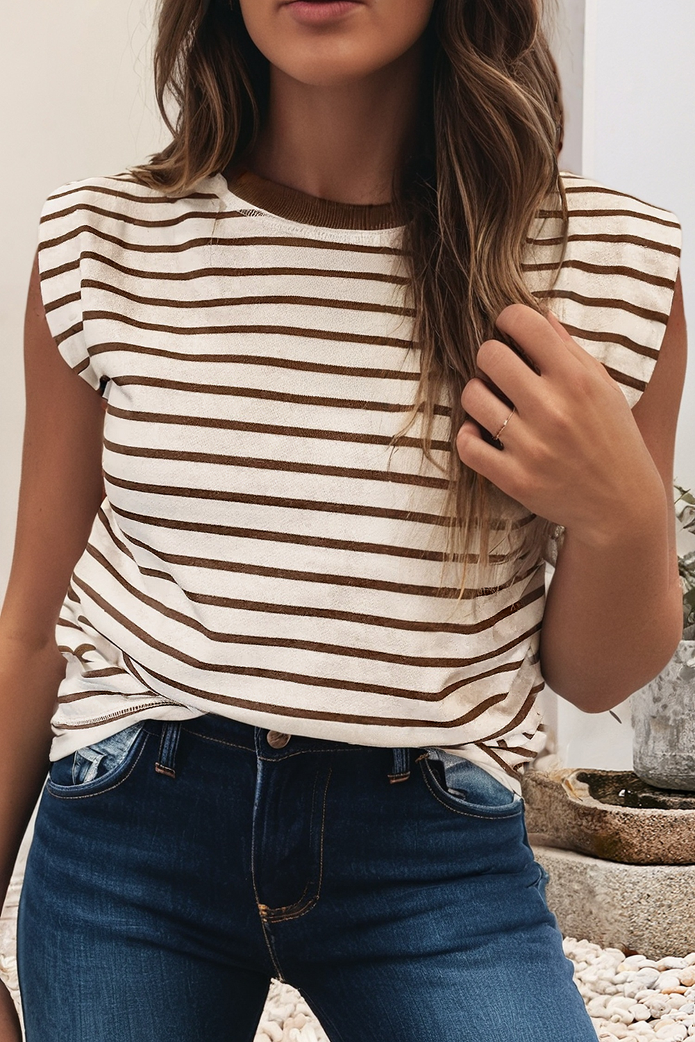 Stripe Ribbed Round Neck Tank Top