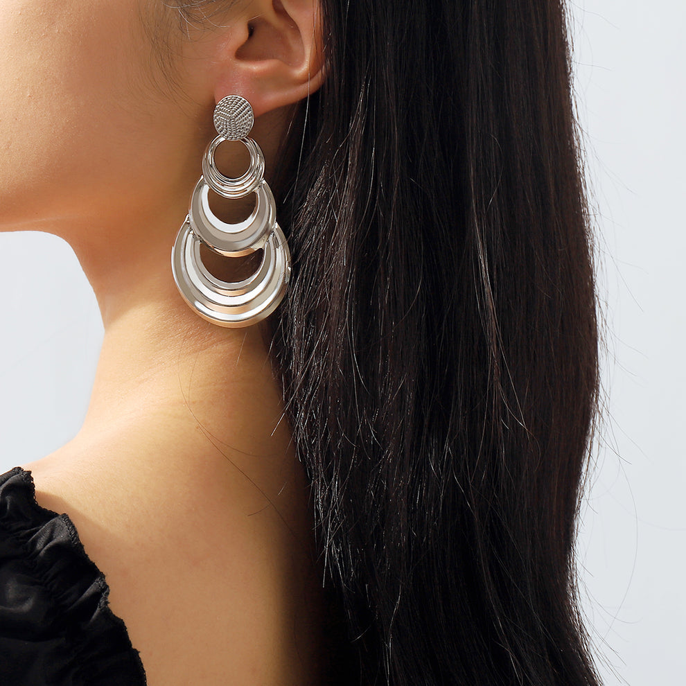 Layered Round Metal Drop Earrings