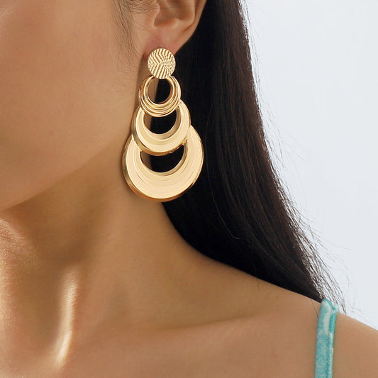 Layered Round Metal Drop Earrings