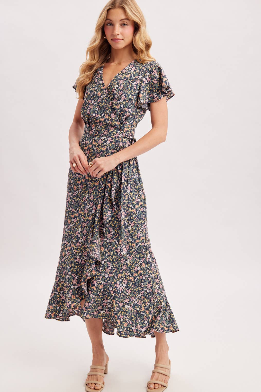 Floral Print Ruffled Hem Wrap Maxi Dress