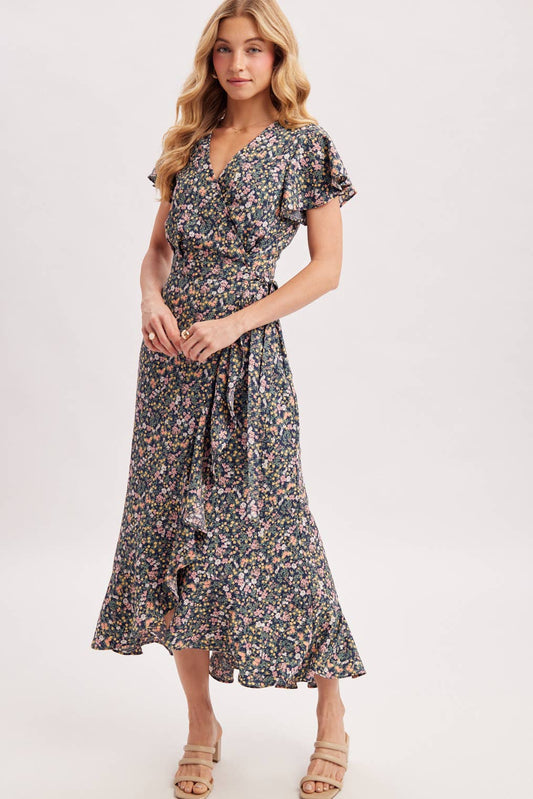 Floral Print Ruffled Hem Wrap Maxi Dress