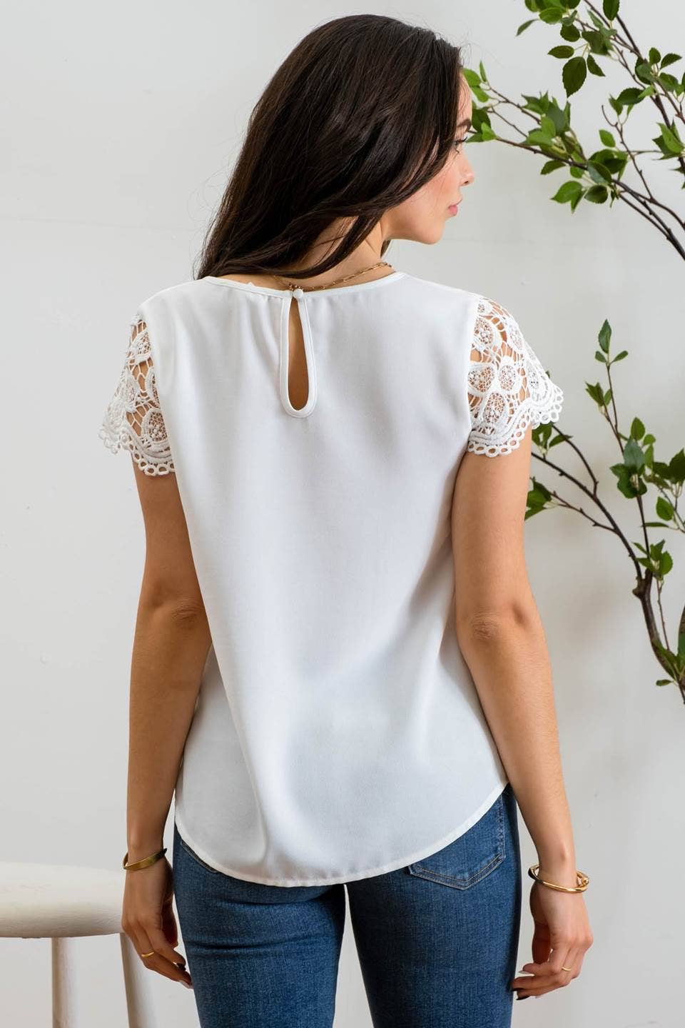 Keyhole Eyelet Lace Sleeve Blouse