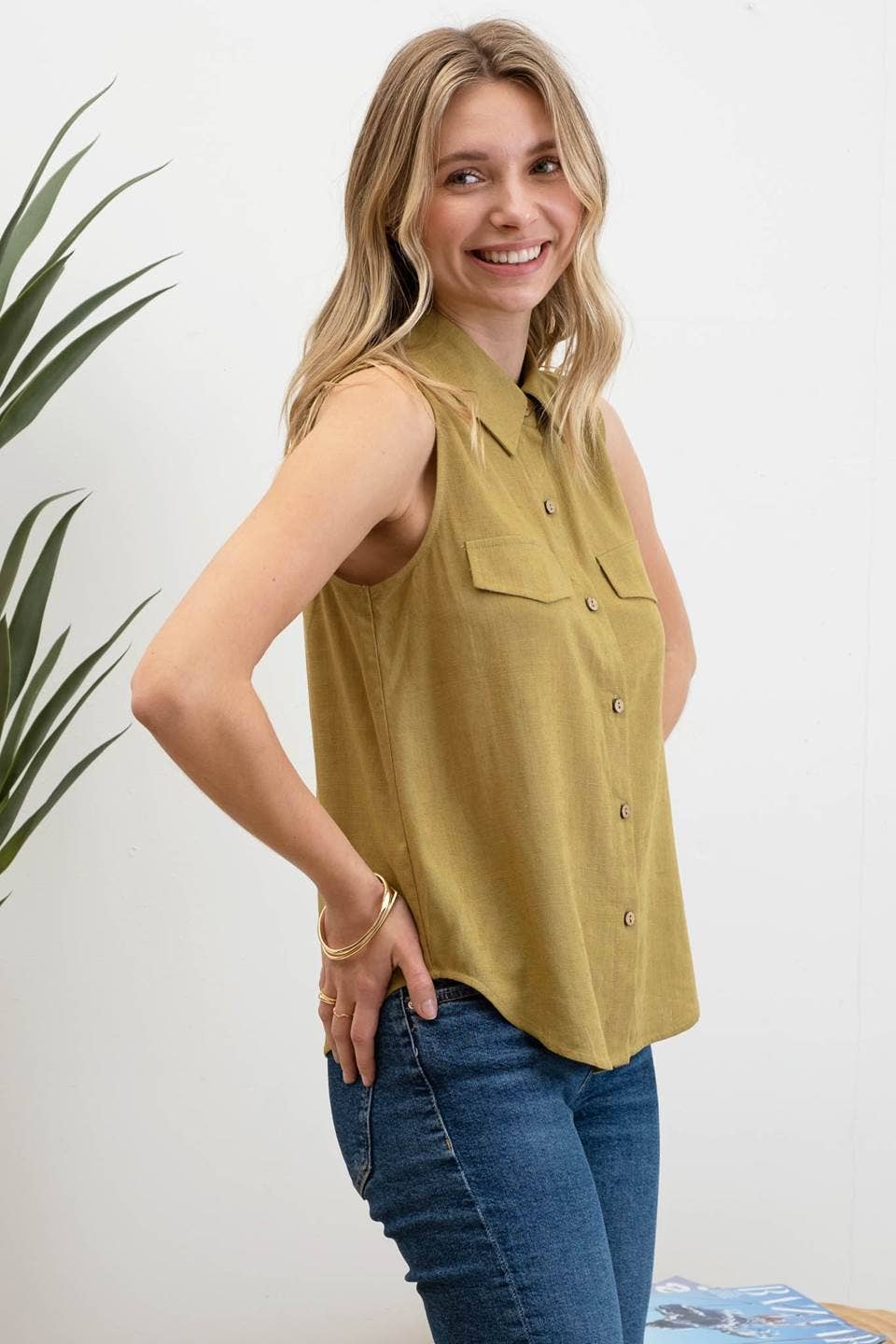 Collared Button Down Sleeveless Shirt