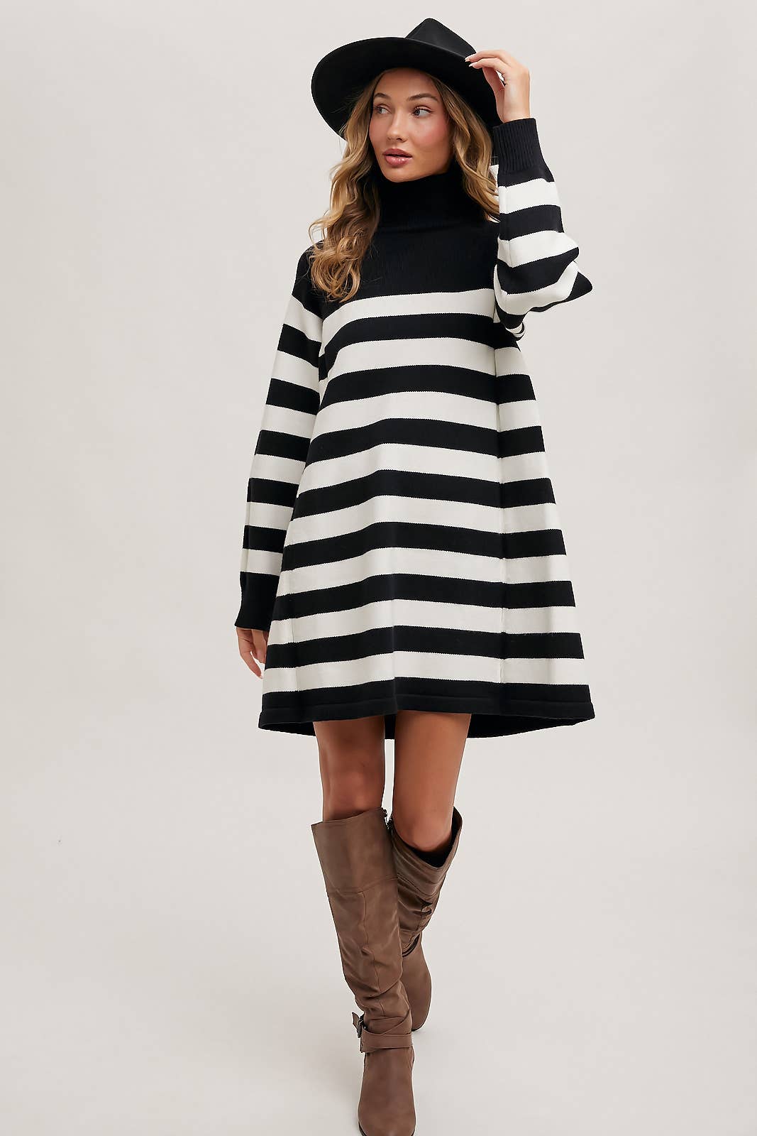 Striped Turtle Neck Knit Sweater Dress