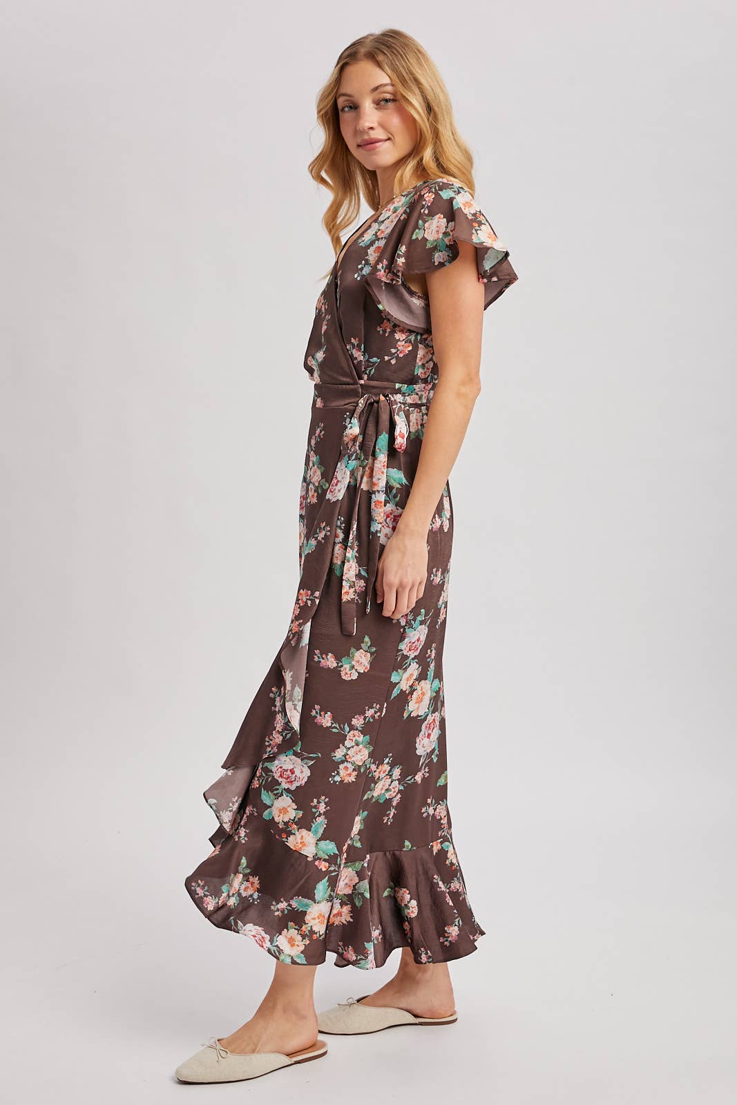 Floral Print Ruffled Wrap Maxi Dress
