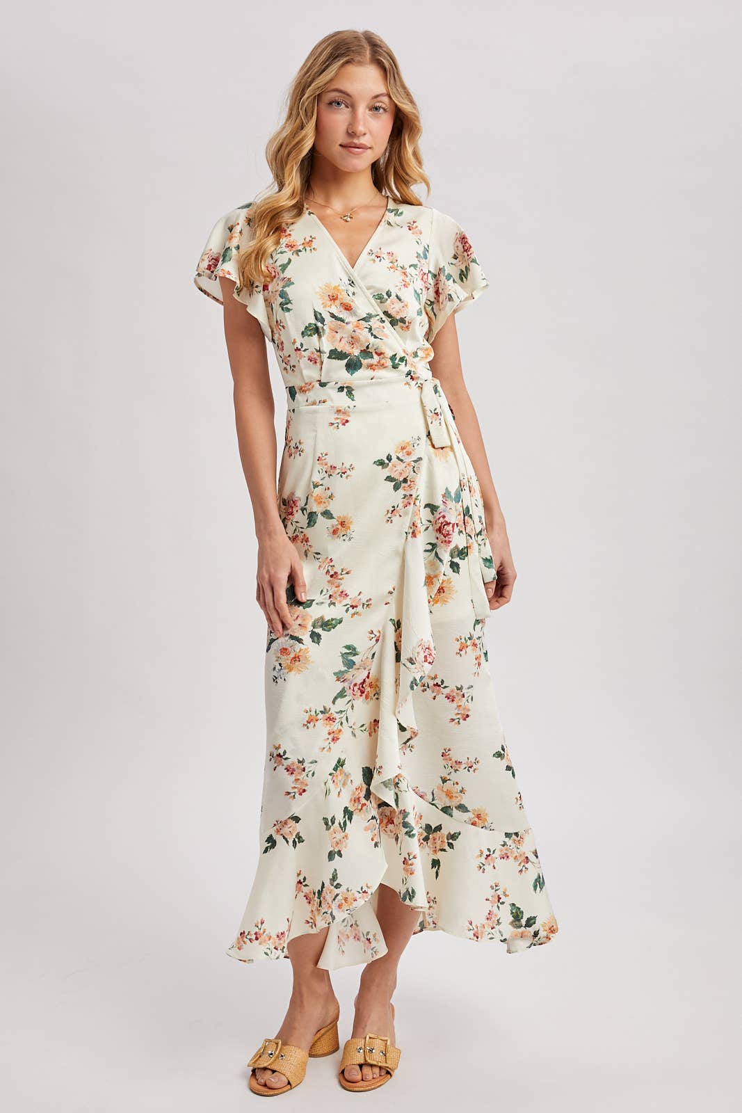 Floral Print Ruffled Wrap Maxi Dress