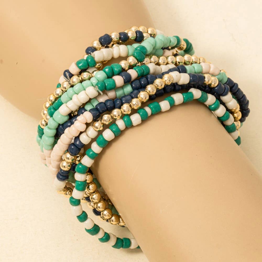 Mixed Mint And Blue Tones Seed Beaded Bracelet Set