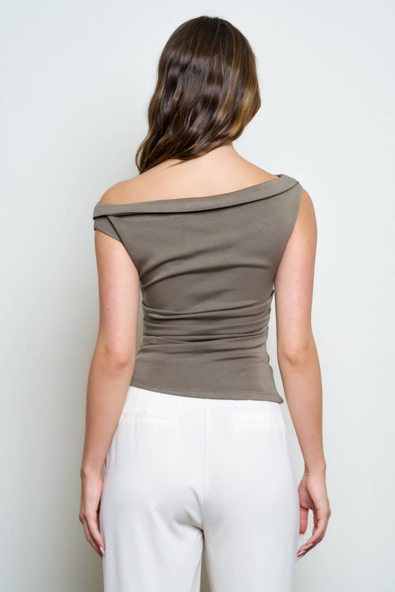 Olive Off-the-Shoulder Ruched Knit Top