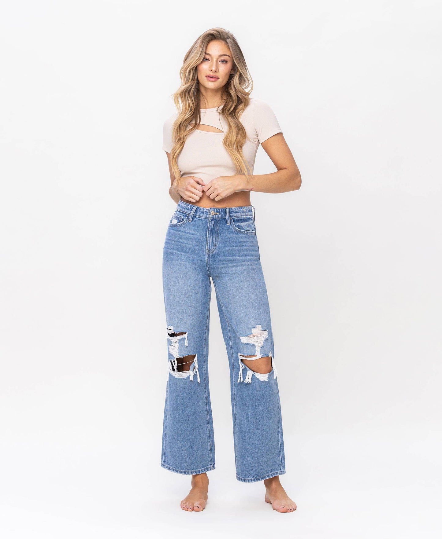 High Rise Distressed Wide Leg Jeans